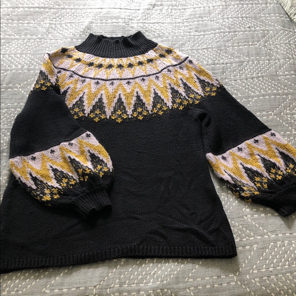 Free People Black, Lavender, Gold Mock Neck Balloon Sleeve Tunic Sweater, size S